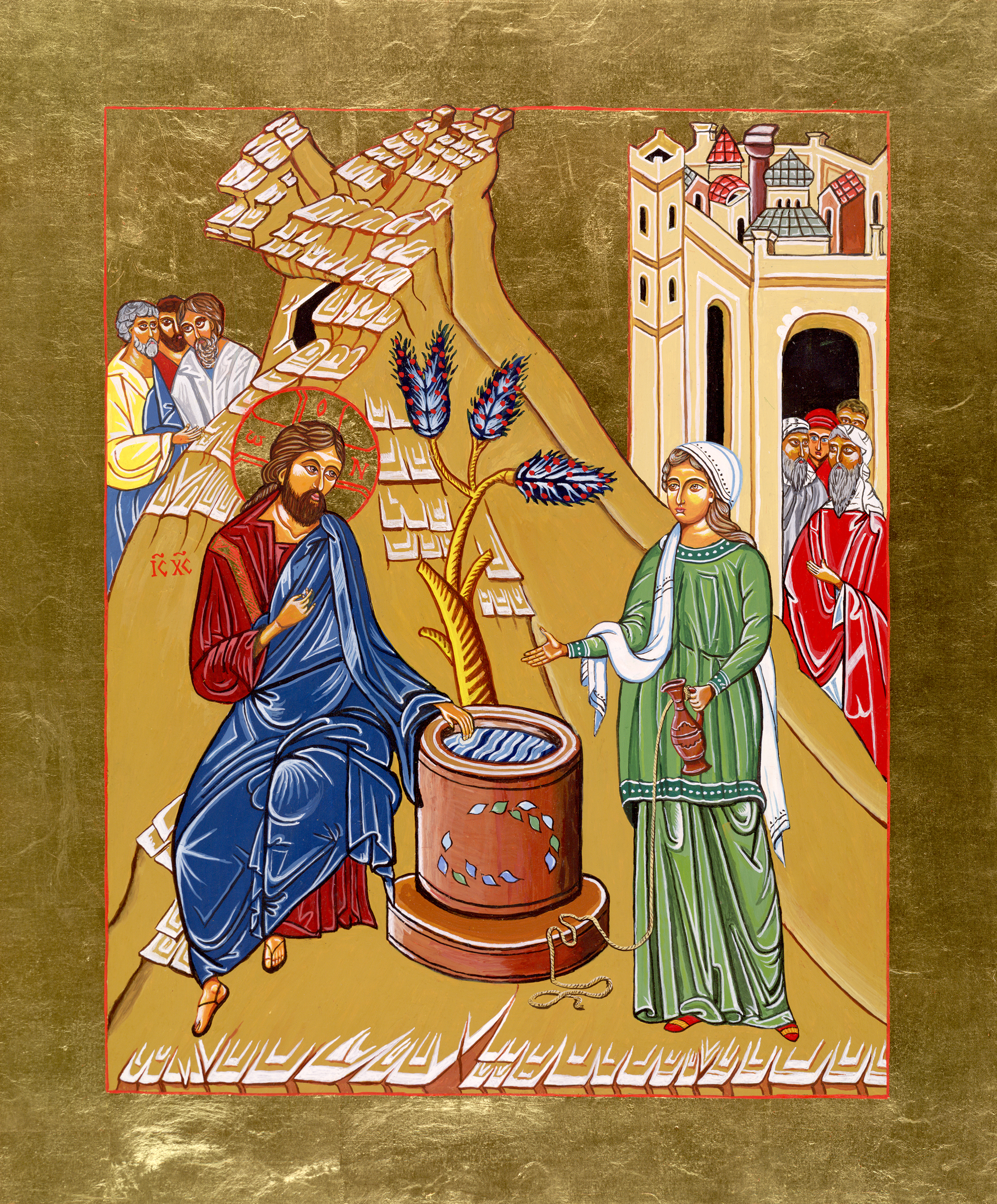 An icon in gold depicting Jesus and the woman at the well